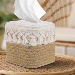 Boho Decor Tissue Box Cover Bohemian Rope Basket Macrame Look Farmhouse